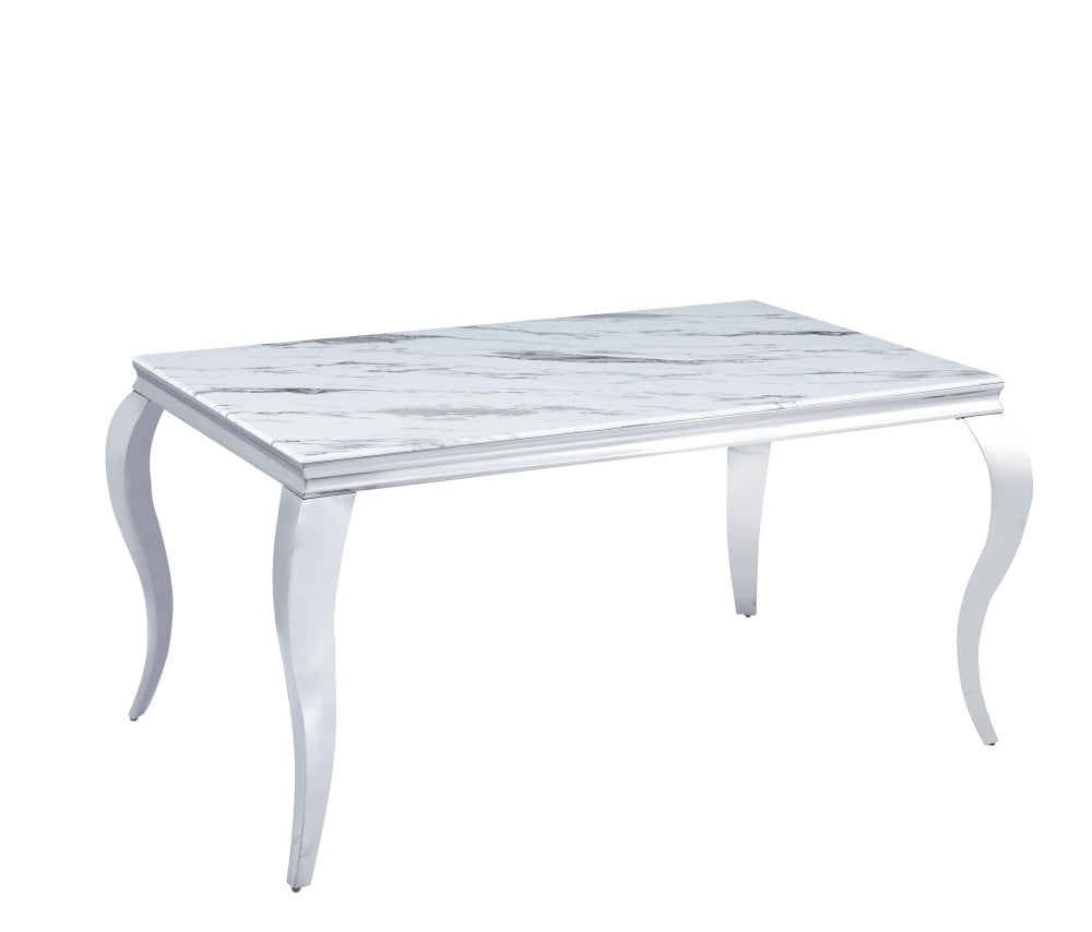 Table à manger BAROQUE 6 à 8 couverts pieds chrome plateau en verre 180x90 cm #couleur_marbré-blanc