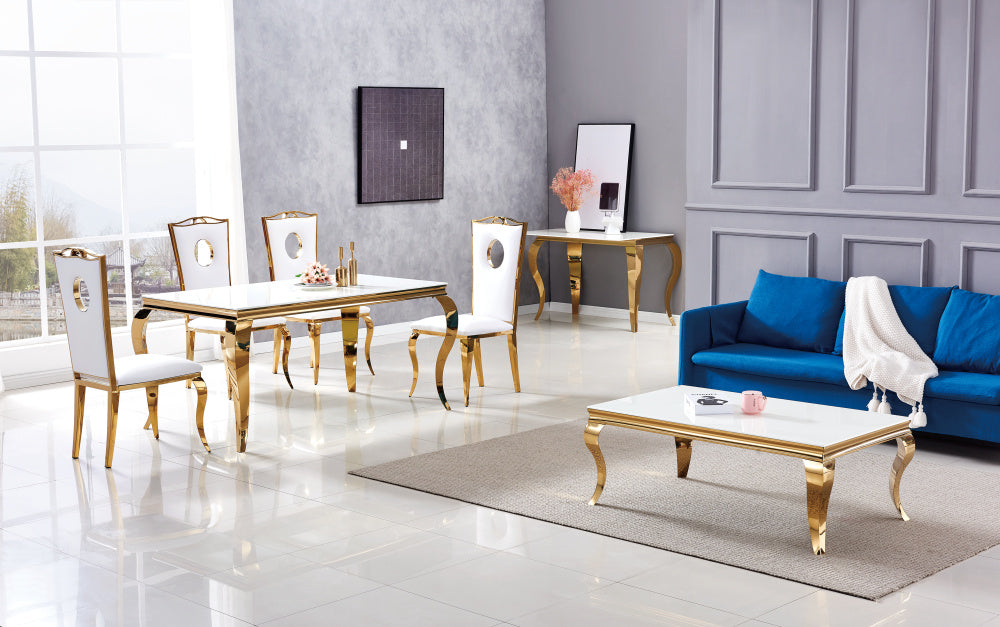 Table à manger BAROQUE 4 à 6 couverts pieds gold plateau en verre 150x90 cm #couleur_blanc