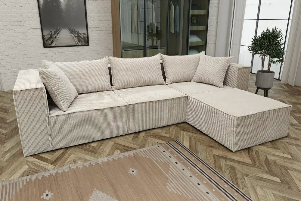 Canapé MODULO 3+1 velours côtelé écru angles universel 305x192cm