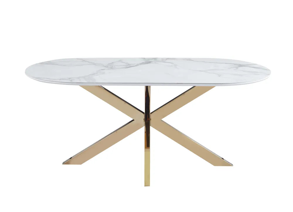 Table repas MANON PIED GOLD PLATEAU CERAMIQUE MARBRE BLANC 180x90cm