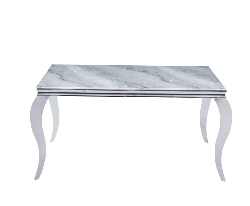 Table à manger BAROQUE 4 à 6 couverts pieds chrome plateau en verre 150x90 cm #couleur_marbré-greige