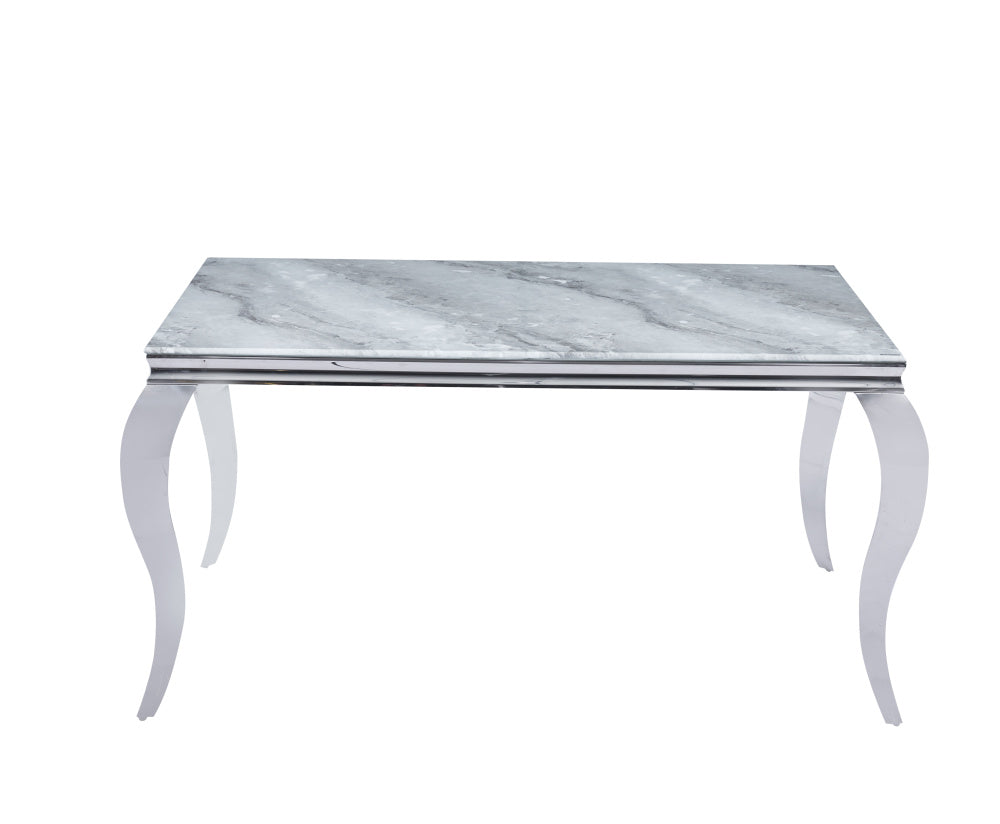 Table à manger BAROQUE 6 à 8 couverts pieds chrome plateau en verre 180x90 cm #couleur_marbré-greige