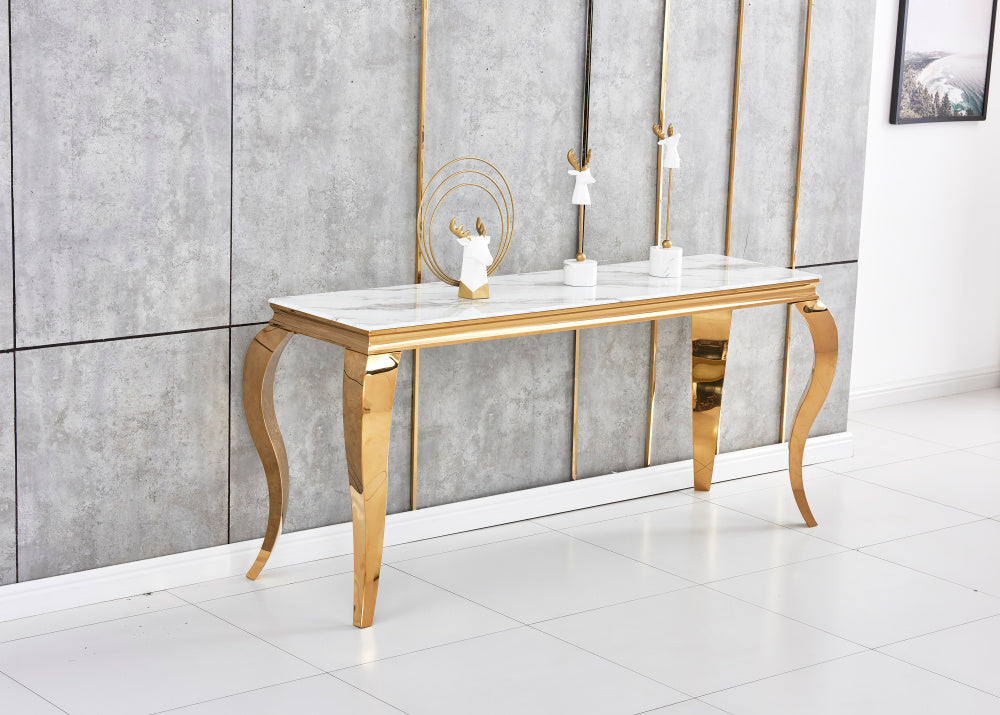 Console BAROQUE Gold plateau en verre 110x50x85 cm #couleur_marbré-blanc