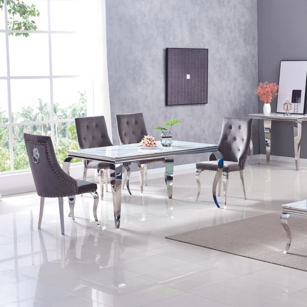 Table à manger BAROQUE 4 à 6 couverts pieds chrome plateau en verre 150x90 cm #couleur_marbré-blanc