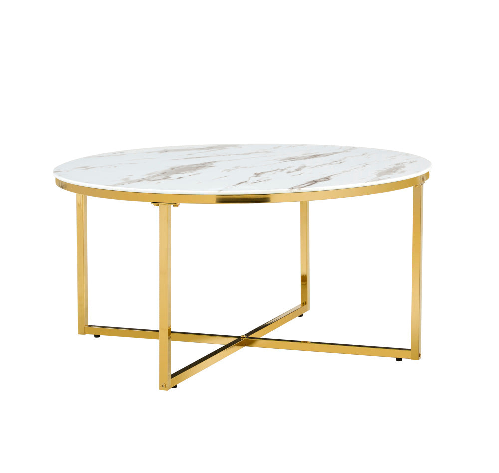 Table basse ronde LORIE Gold plateau en verre D90 cm