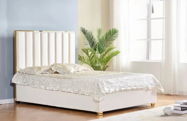 Lit TONY bordure doré velours BEIGE 140x190cm