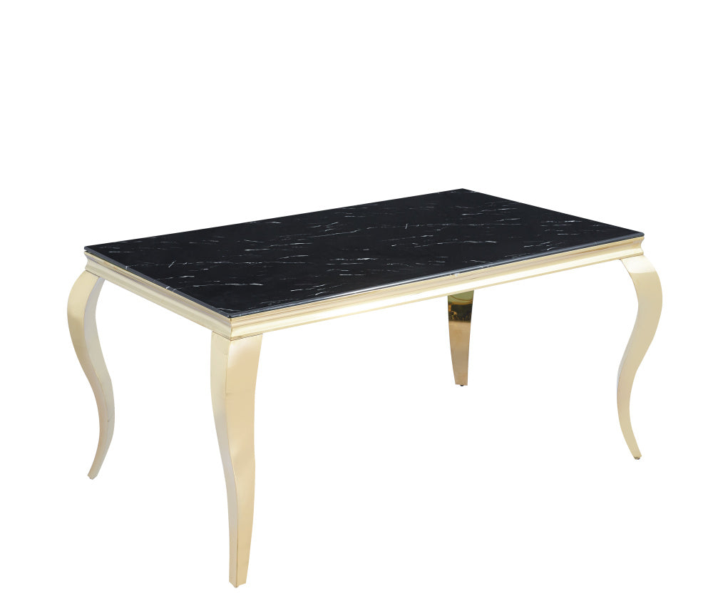 Table à manger BAROQUE 4 à 6 couverts pieds gold plateau en verre 150x90 cm #couleur_marbré-noir