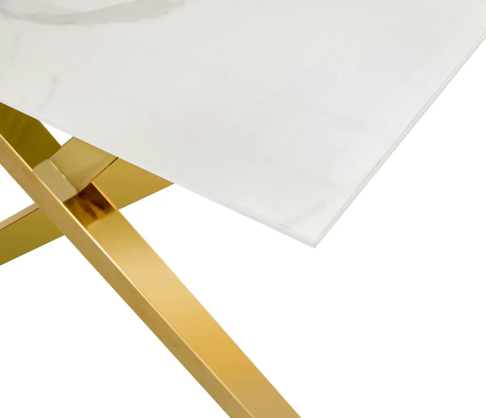 Table de repas IXE métal gold marbre blanc 180x90x75cm