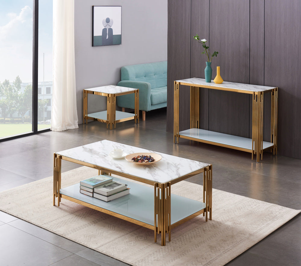 Console FLUTE Gold plateau en verre 120x40x78 cm #couleur_marbré-blanc