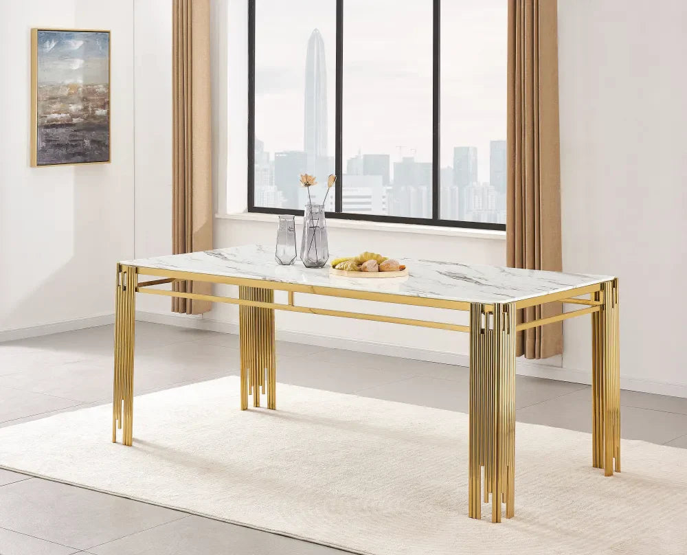 Table à manger FLUTE Gold Plateau en verre #couleur_marbré-blanc