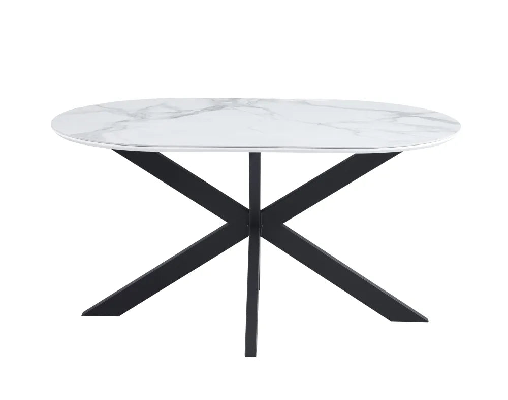 Table de repas MANON PIED NOIR PLATEAU CERAMIQUE MARBRE BLANC 150x90cm