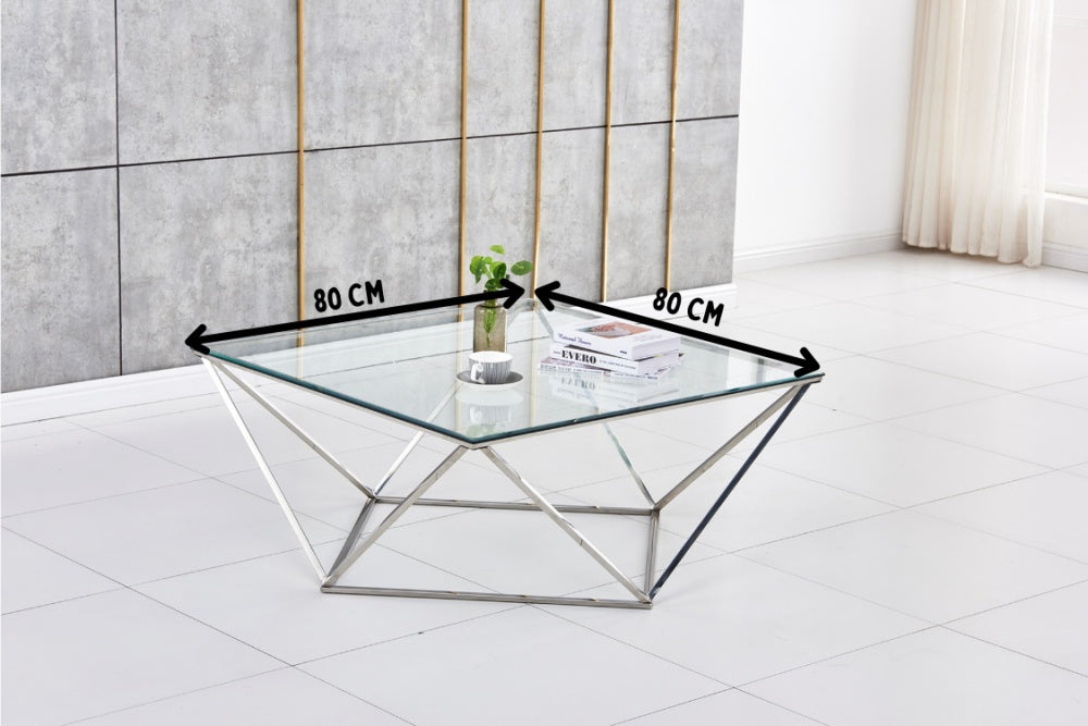 Table Basse ALINA Chrome plateau en verre trempé 80x80x45 cm #couleur_transparent