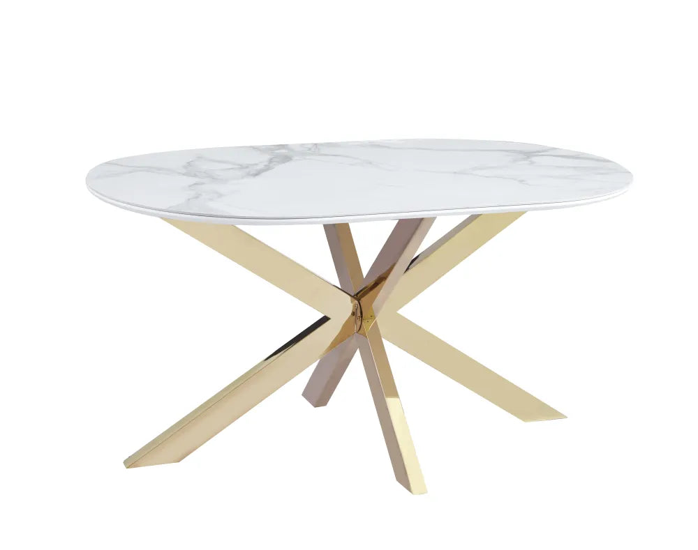 Table repas MANON PIED GOLD PLATEAU CERAMIQUE MARBRE BLANC 150x90cm