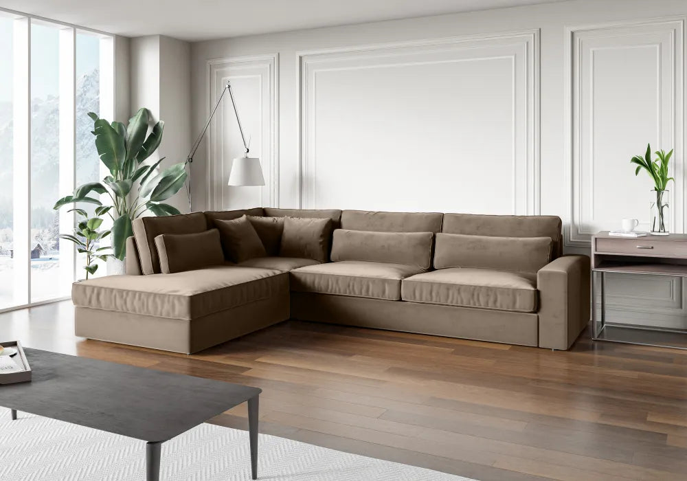 Canapé le BRISTOLA  angle gauche velours taupe 315x230cm