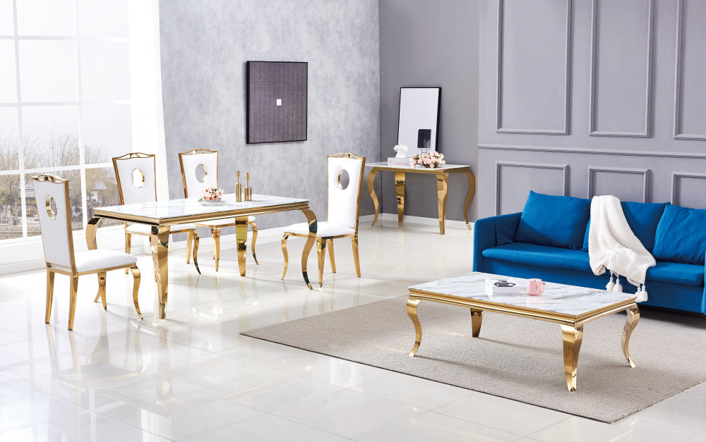 Table à manger BAROQUE 4 à 6 couverts pieds gold plateau en verre 150x90 cm #couleur_marbré-blanc