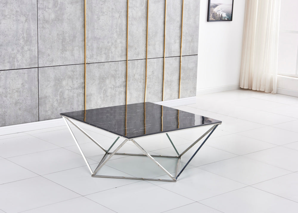 Table Basse ALINA Chrome plateau en verre trempé 80x80x45 cm #couleur_marbré-noir