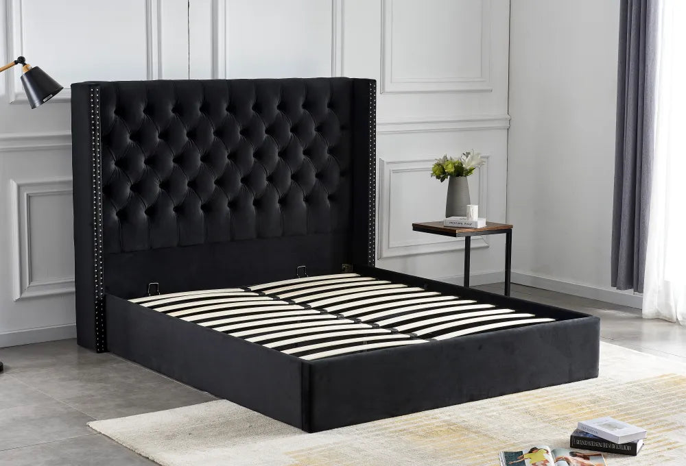 Lit clouté capitonné avec coffre velours noir 180x200cm