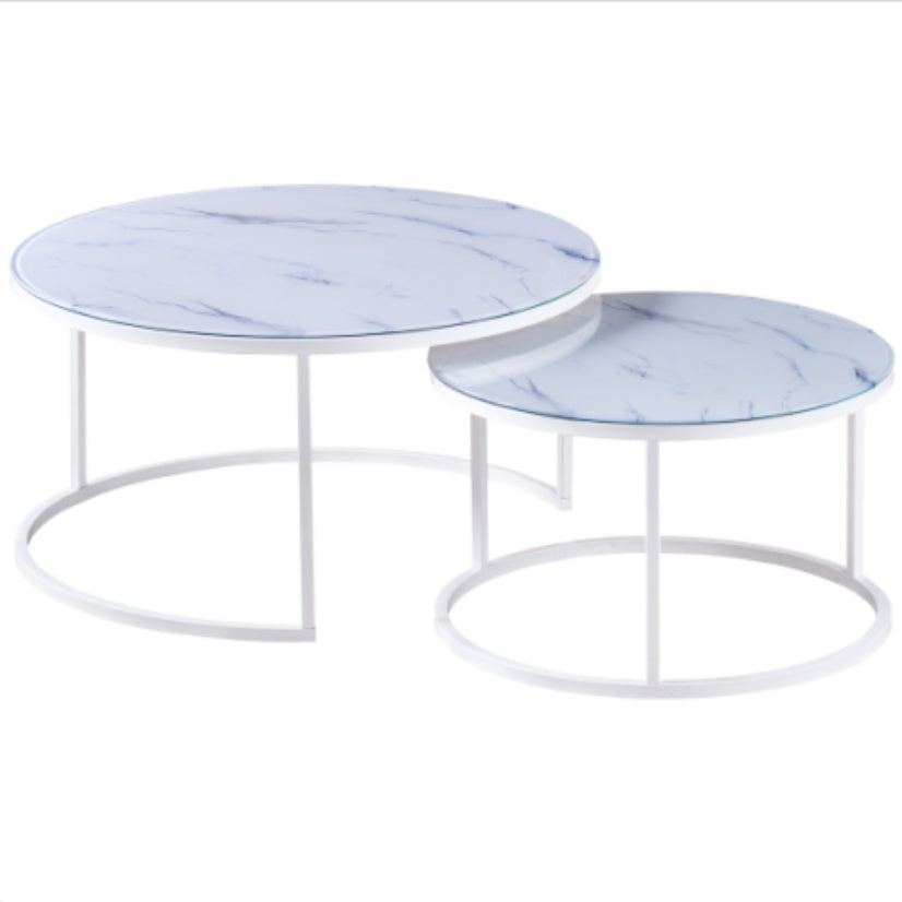 Lot de 2 tables Basses Gigogne ARTO inox et plateau en verre #couleur_marbré-blanc