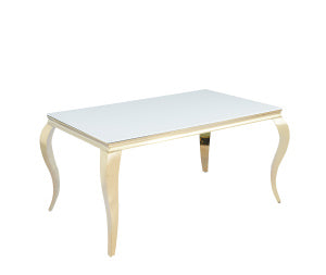 Table à manger BAROQUE 4 à 6 couverts pieds gold plateau en verre 150x90 cm #couleur_blanc