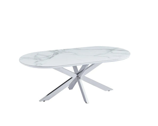 Table basse MANON PIED CHROME PLATEAU CERAMIQUE MABRE BLANC 120x60cm