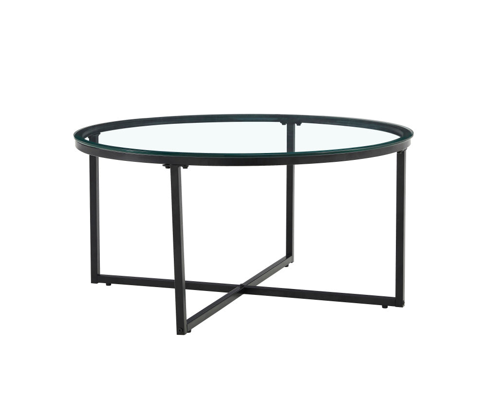 Table basse ronde LORIE métal noir plateau en verre D90 cm #couleur_transparent