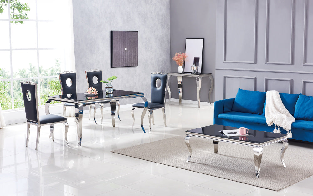 Table à manger BAROQUE 6 à 8 couverts pieds chrome plateau en verre 180x90 cm #couleur_noir