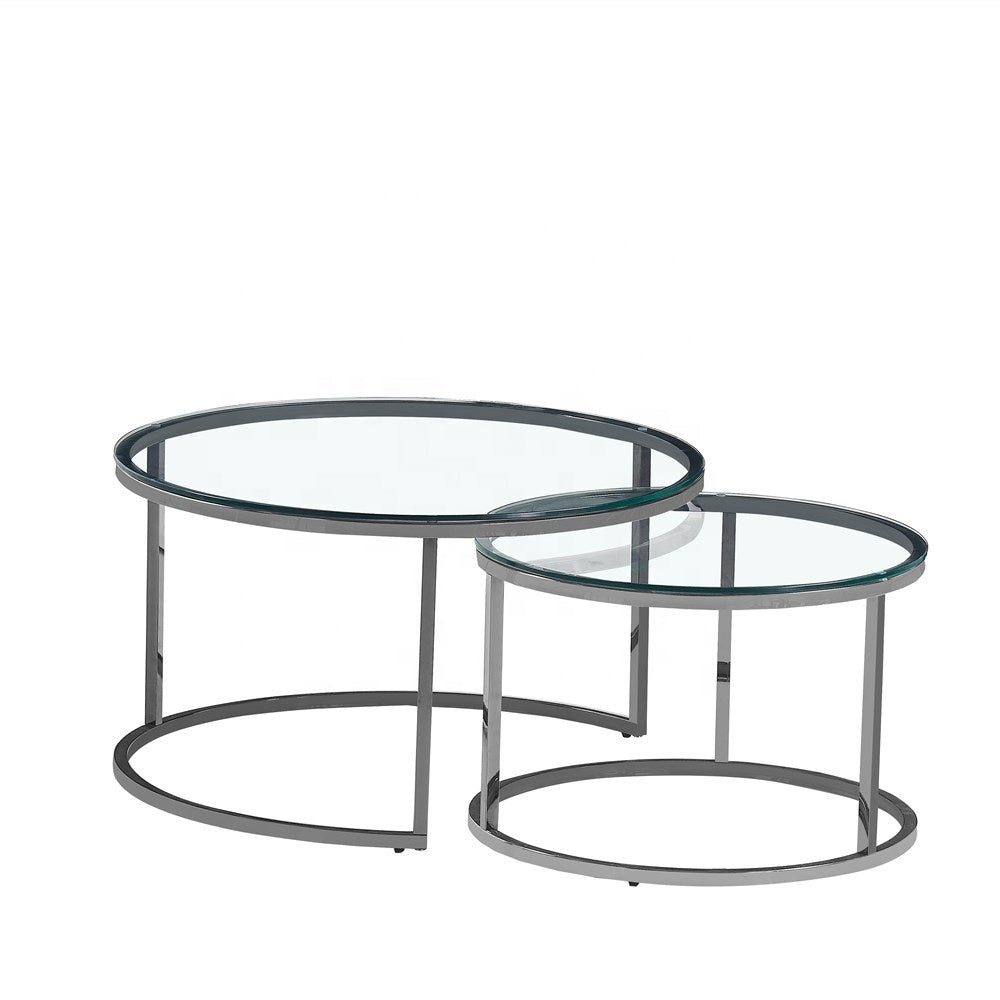 Lot de 2 tables Basses Gigogne ARTO inox et plateau en verre