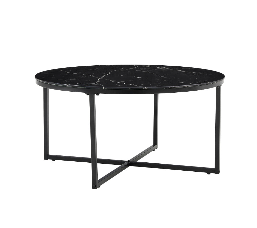 Table basse ronde LORIE métal noir plateau en verre D90 cm