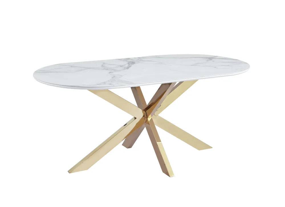 Table repas MANON PIED GOLD PLATEAU CERAMIQUE MARBRE BLANC 180x90cm