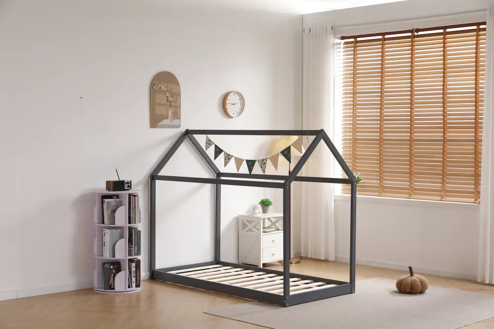 Lit enfant ROBINSON CABANE GRIS ET BLANC 90x190cm