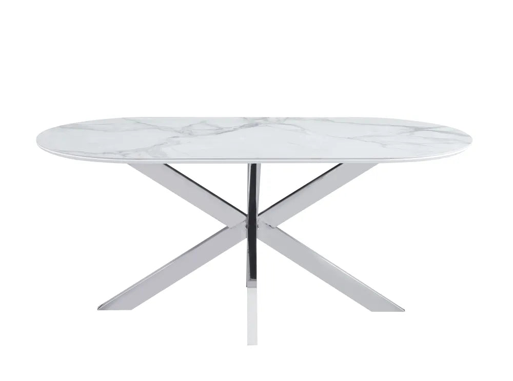 Table de repas MANON PIED CHROME PLATEAU CERAMIQUE MARBRE BLANC 180x90cm