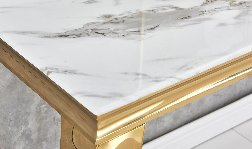 Table à manger BAROQUE 4 à 6 couverts pieds gold plateau en verre 150x90 cm #couleur_marbré-blanc