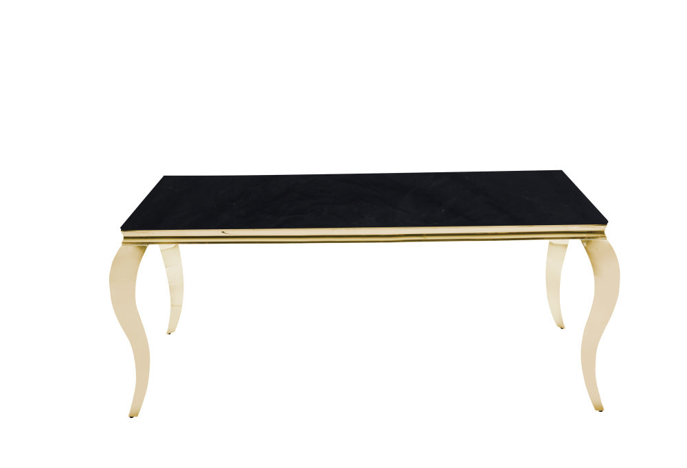 Table à manger BAROQUE 6 à 8 couverts pieds gold plateau en verre 180x90 cm #couleur_noir