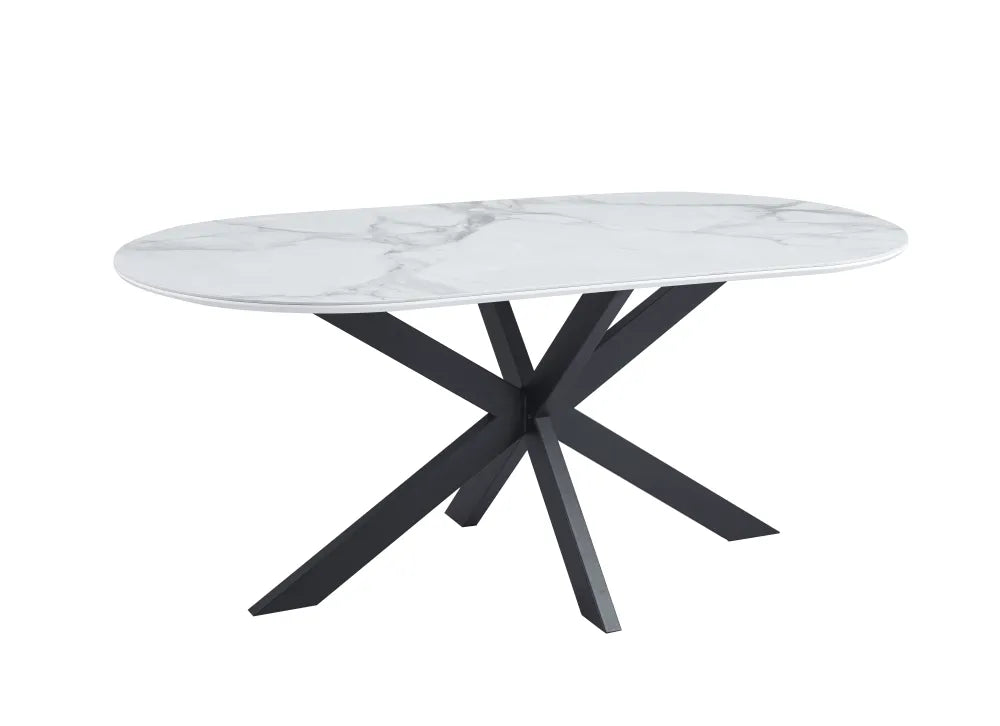 Table de repas MANON PIED NOIR PLATEAU CERAMIQUE MARBRE BLANC 180x90cm