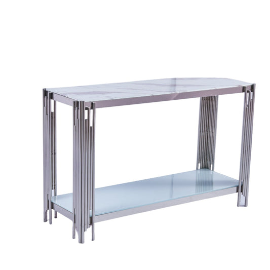 Console FLUTE Chrome plateau verre 120x40x78 cm #couleur_marbré-blanc