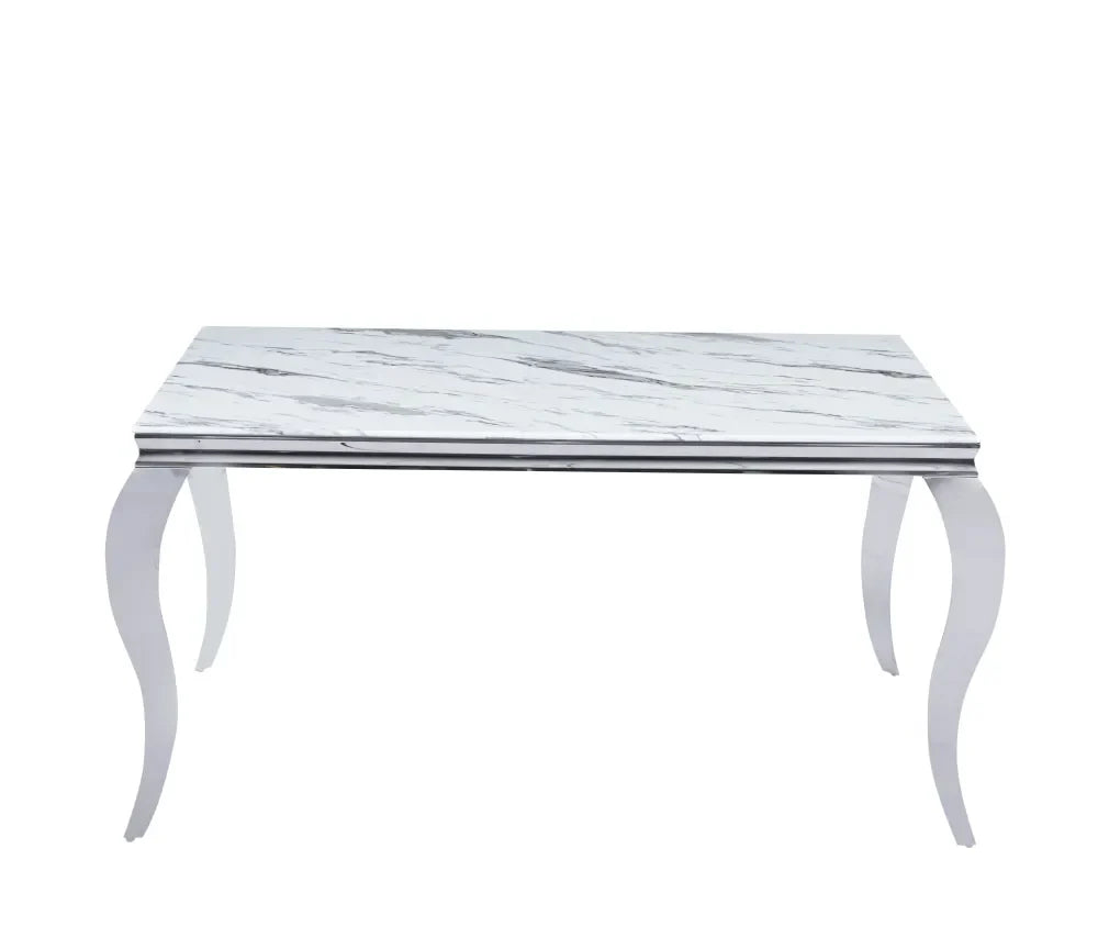 Table à manger BAROQUE 4 à 6 couverts pieds chrome plateau en verre 150x90 cm #couleur_marbré-blanc