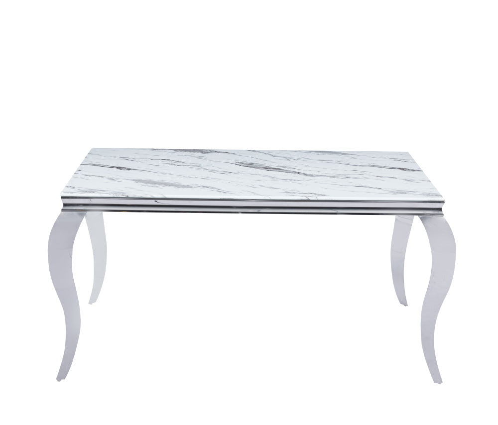 Table à manger BAROQUE 6 à 8 couverts pieds chrome plateau en verre 180x90 cm #couleur_marbré-blanc