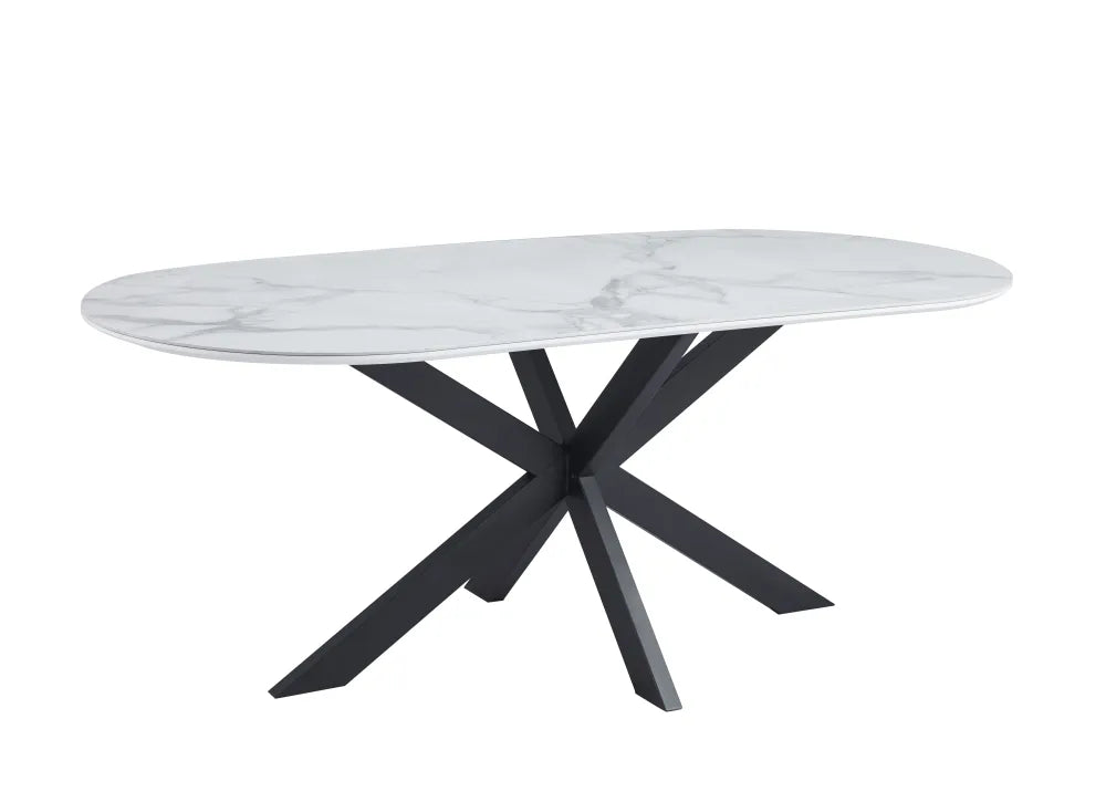Table de repas MANON PIED NOIR PLATEAU CERAMIQUE MARBRE BLANC 200x100cm