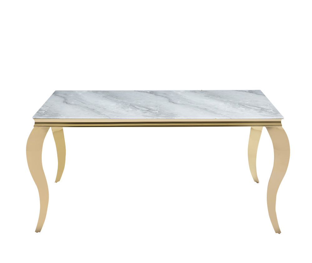 Table à manger BAROQUE 6 à 8 couverts pieds gold plateau en verre 180x90 cm #couleur_marbré-greige