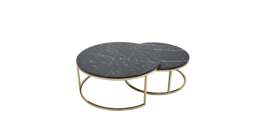 Lot de 2 tables Basses Gigogne ARTO Gold et plateau en verre #couleur_marbré-noir