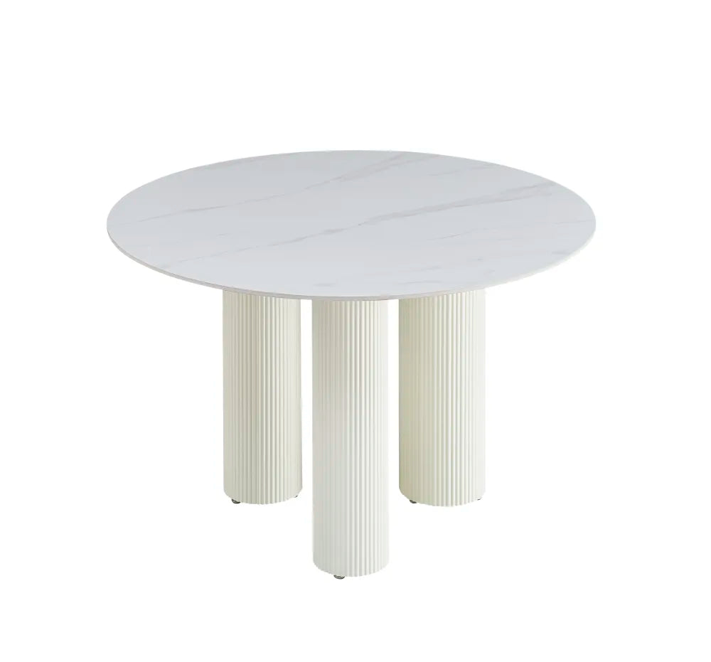 Table repas ANAIS PIED BEIGE PLATEAU CERAMIQUE MARBRE BLANC 120cm