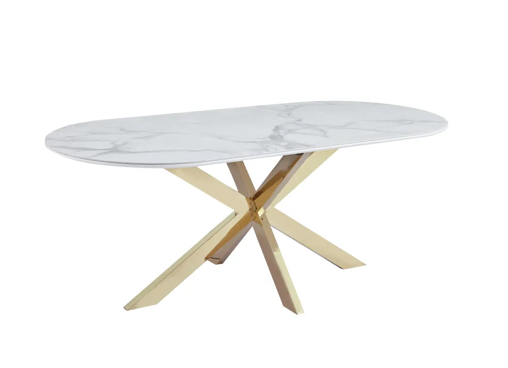 Table repas MANON PIED GOLD PLATEAU CERAMIQUE MARBRE BLANC 200x100cm