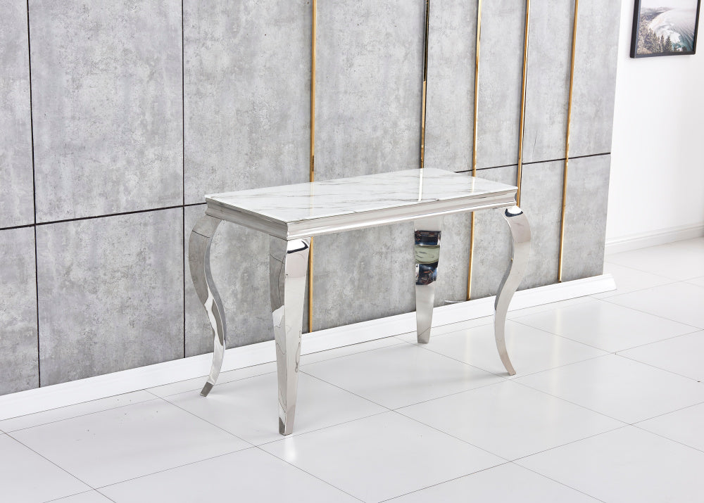 Console BAROQUE Chrome plateau en verre 110x50x85 cm #couleur_marbré-blanc