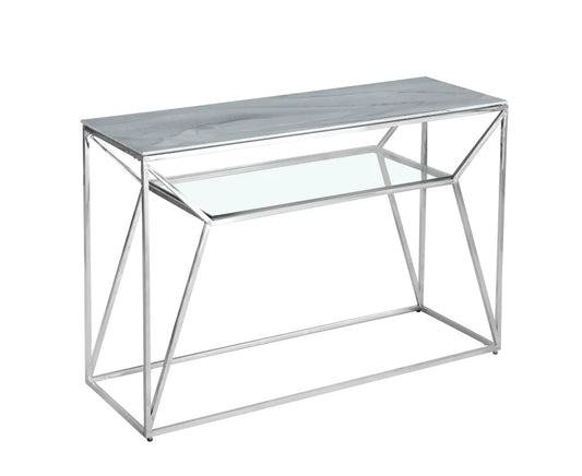 Console CHERYL pied chrome plateau marbre blanc et verre 120x40x78cm