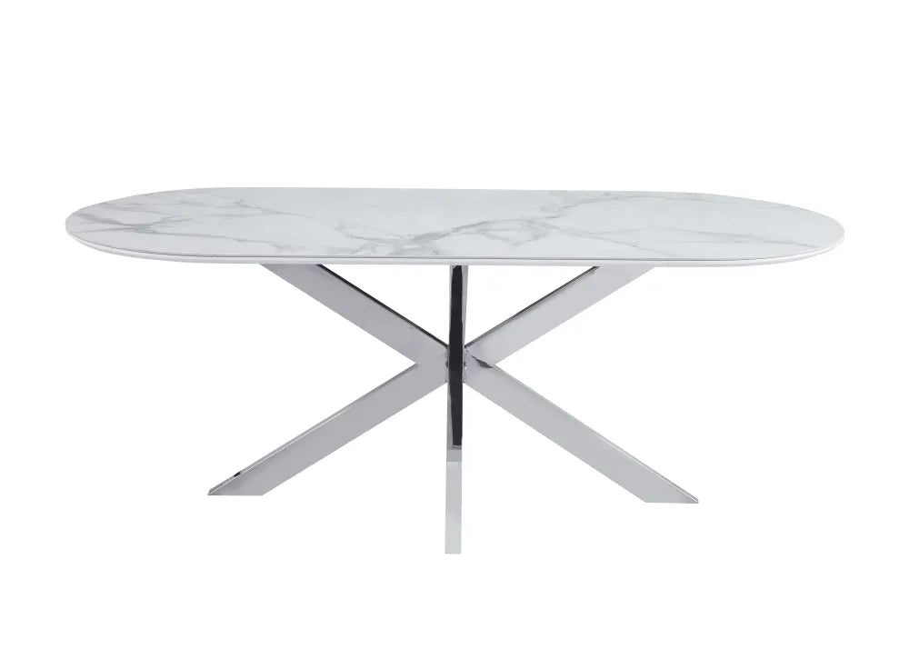 Table de repas MANON PIED CHROME PLATEAU CERAMIQUE MARBRE BLANC 200x100cm