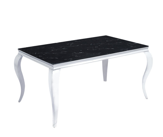 Table à manger BAROQUE 6 à 8 couverts pieds chrome plateau en verre 180x90 cm #couleur_marbré-noir