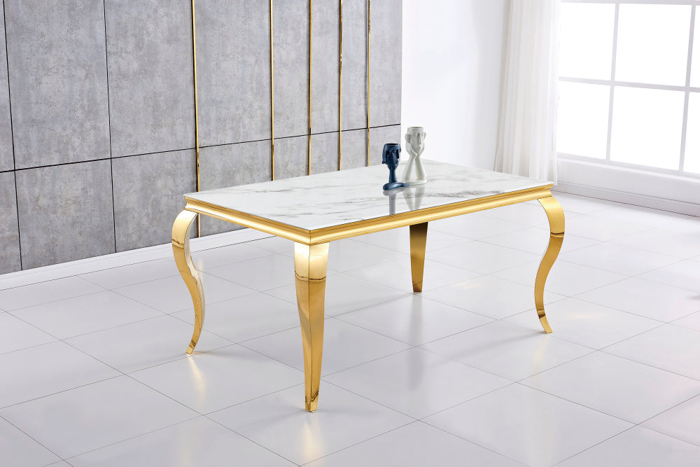 Table à manger BAROQUE 6 à 8 couverts pieds gold plateau en verre 180x90 cm #couleur_marbré-blanc