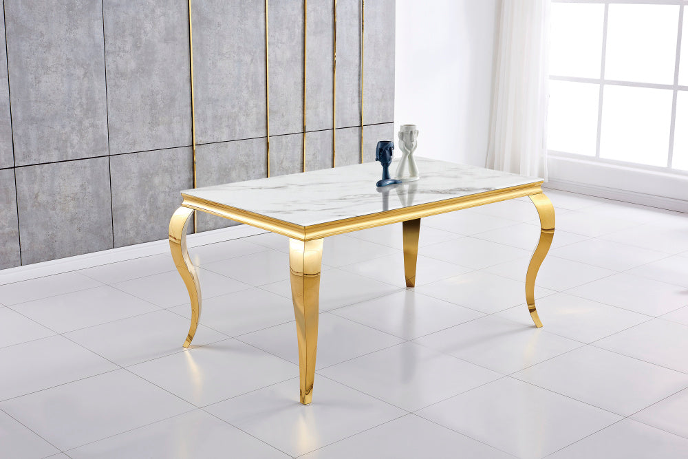 Table à manger BAROQUE 4 à 6 couverts pieds gold plateau en verre 150x90 cm #couleur_marbré-blanc