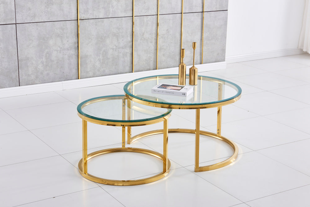 Lot de 2 tables Basses Gigogne ARTO Gold et plateau en verre #couleur_transparent