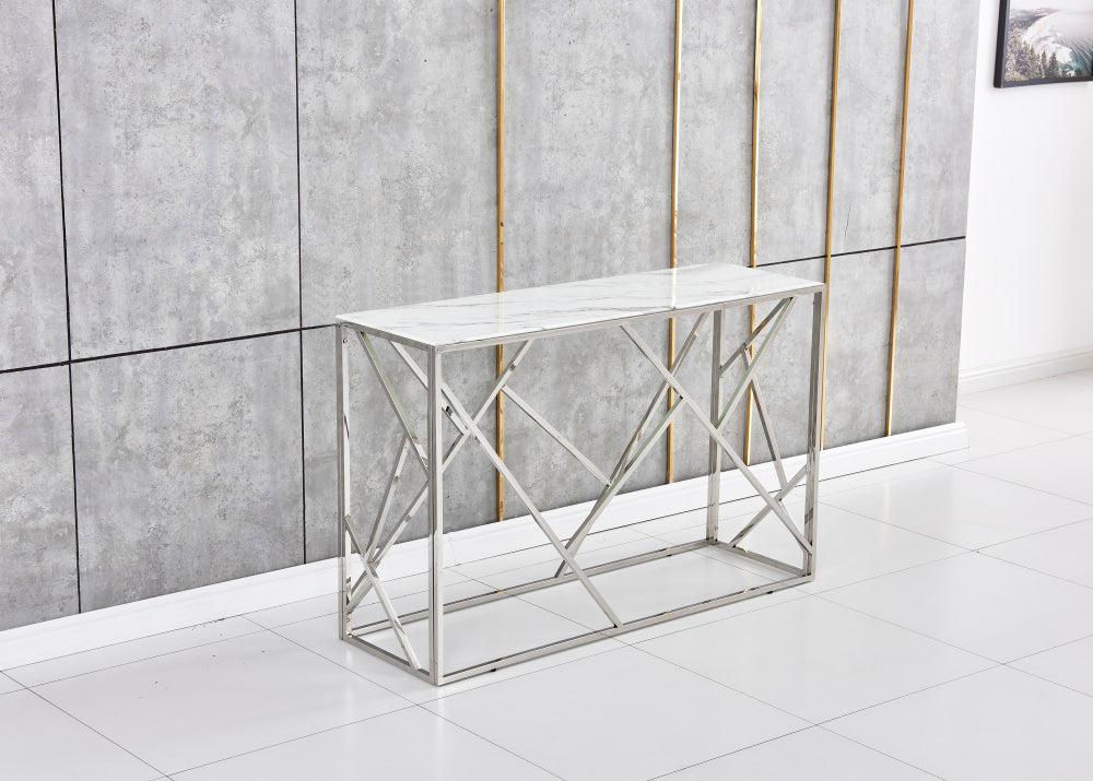 Console GEOMAG Inox Verre 120x40x78 cm #couleur_marbré-blanc